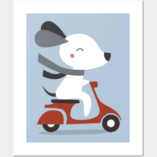 Kawaii Cute Dog Riding A Scooter Posters and Art